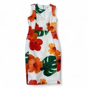 Calvin Klein Women's Onrage and Pink Floral Print Hibiscus Dress Sz 4